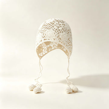 Floral Hollow Knit Ethnic Tie Bonnet