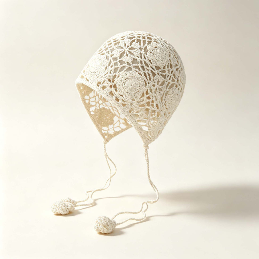 Floral Hollow Knit Ethnic Tie Bonnet