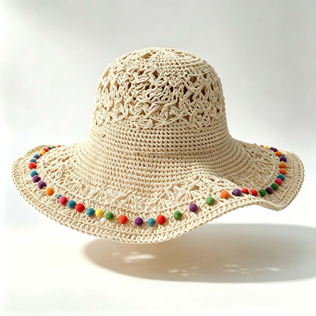Color Pom Pom Hollow Crochet Sun Hat