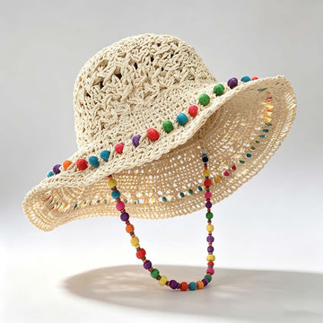 Color Pom Pom Hollow Crochet Sun Hat